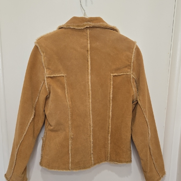 B. Lucid Vintage Y2K Stylish Tan Suede Leather Jacket With Faux Fur Trim - Picture 5 of 12